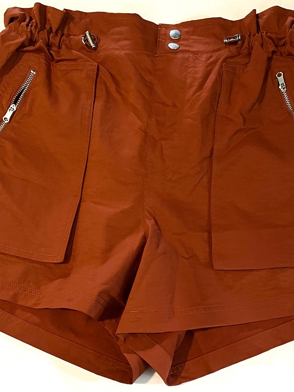 CALIA by Carrie Underwood High-Rise Rust Orange Shorts with Zip Pockets